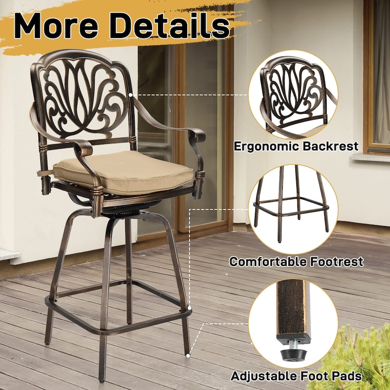 Set of 2 Aluminum Swivel Bar Stools with Thick Comfortable Cushions and Footrests for Patio or Porch - 25.2"D x 25.6"W x 51"H