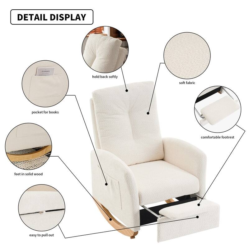 Rocking Chair with Footrest, Nursery Glider Chair with Rubber Wood Legs Side Pocket, High Back Nursing Chair