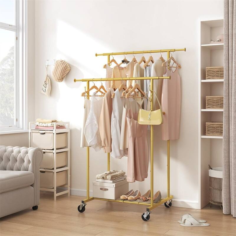 Double Rod Garment Rack - 26"D x 47.3"W x 64.2"H - Gold