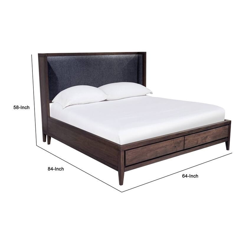 Enzo Queen Storage Bed, Linen Upholstered Headboard, Brown Mahogany Wood
