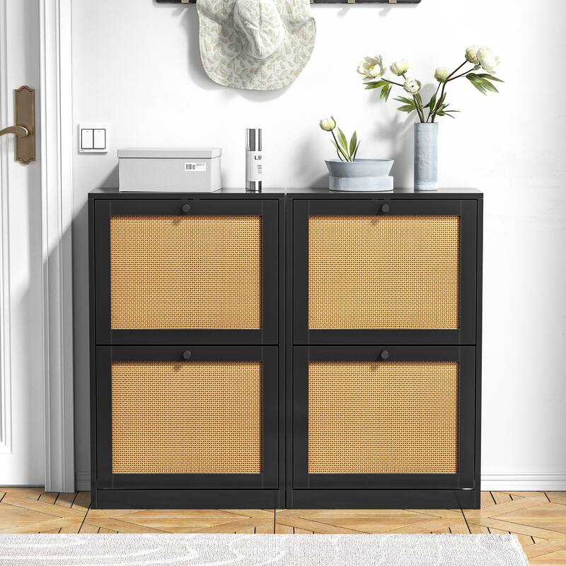 Anmytek 12 Pairs Black Shoe Storage Cabinet Freestanding Shoe Rack Organizer with 2 Flip Drawers - 20" W x 9" D x 33" H