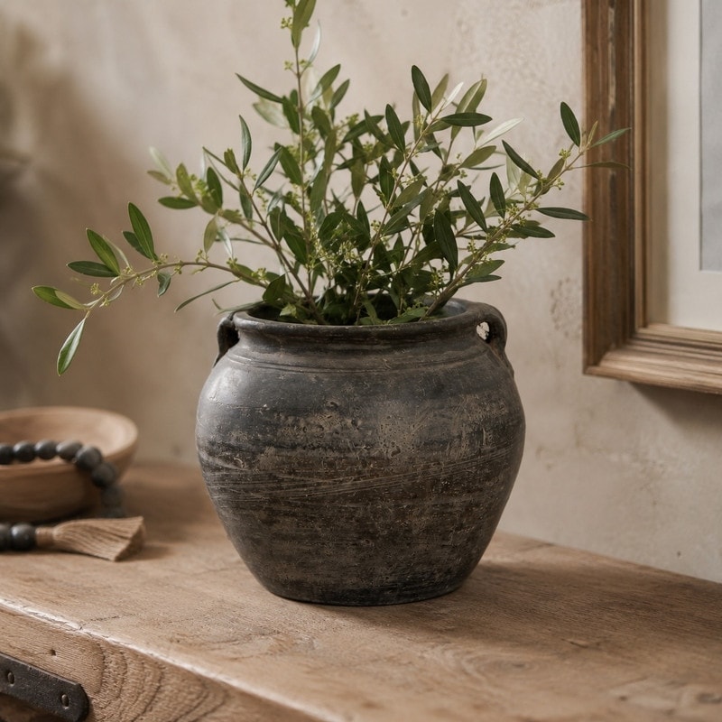 Artissance 7.5"W Small Charcoal/Gray Ceramic Indoor Outdoor Vintage Pottery Jar w/2 Handles (Size & Finish Vary)