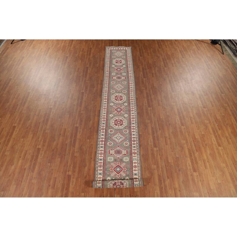 Geometric Kazak Runner Rug Handmade Traditional Wool Carpet - 2'8" x 16'4"