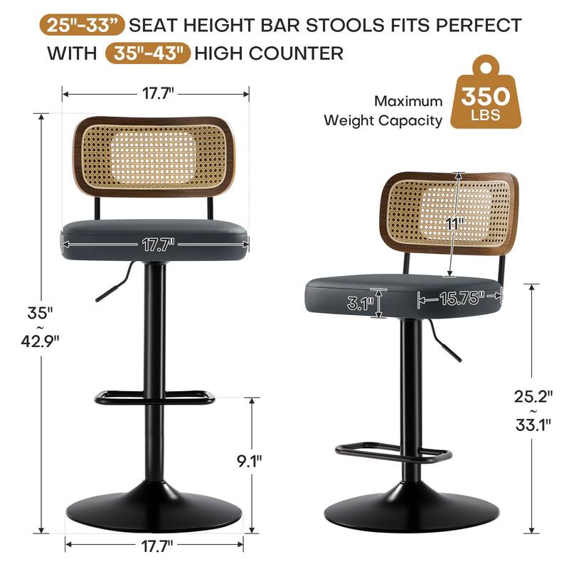 Adjustable Height Swivel Bar Stools with Back and Footrest - 17.7"W x 15.75"D x 35"-42.9"H