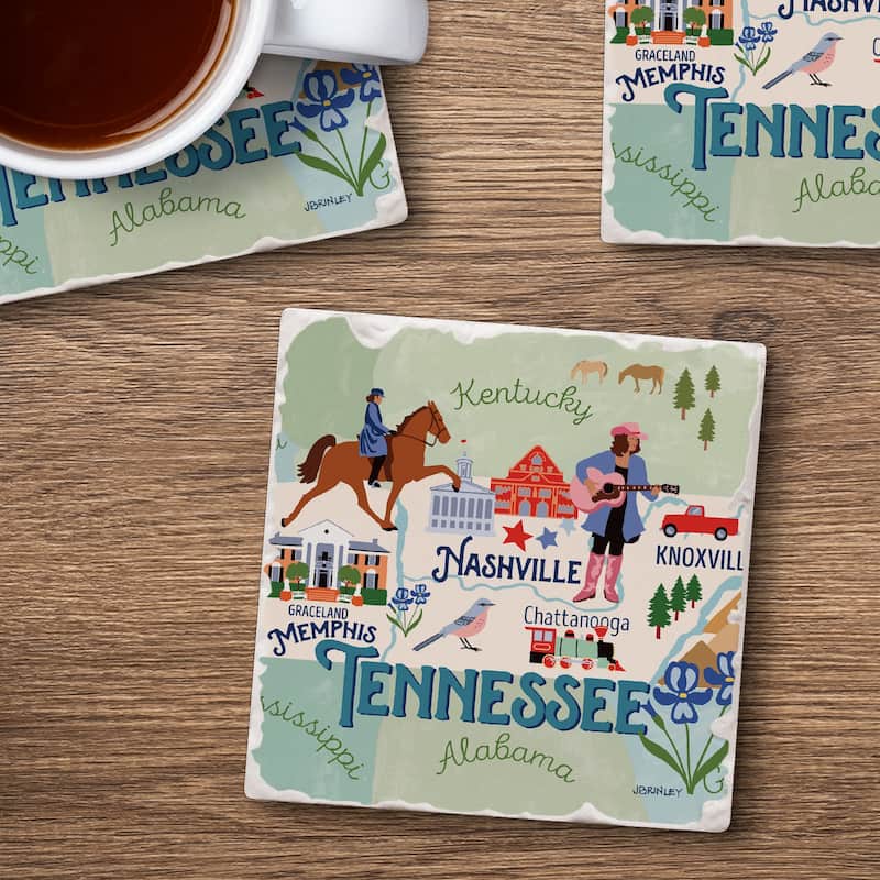 Absorbent Stone Beverage Coasters - Set of 4 - - State Attractions - TN - Multi-55