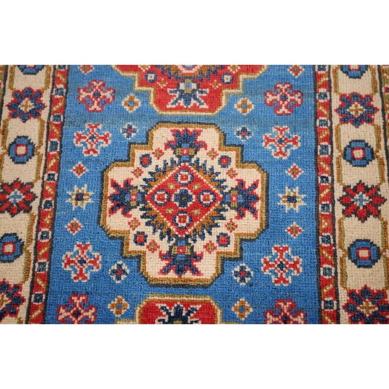 Blue Geometric Kazak Foyer Rug Hand-Knotted Wool Carpet - 2'0" x 2'11"