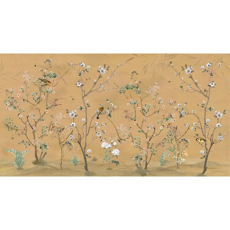 Hand-Painted Serene Floral Symphony Wallpaper Mural - Yellow - W:225" x H:118"