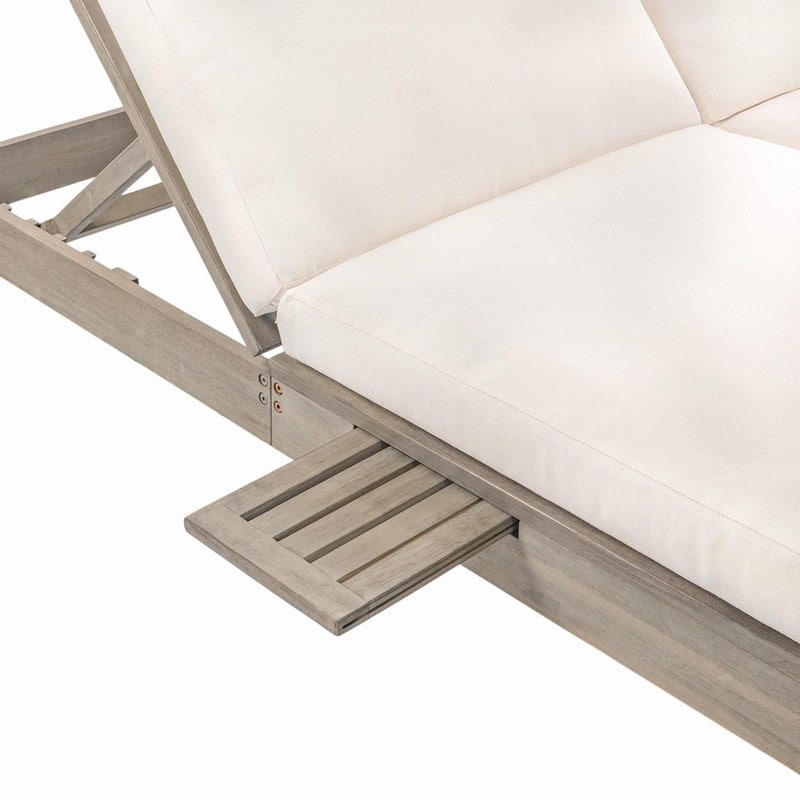 Acacia Wood Double Outdoor Chaise Lounge with 5-Position Adjustable Backrest