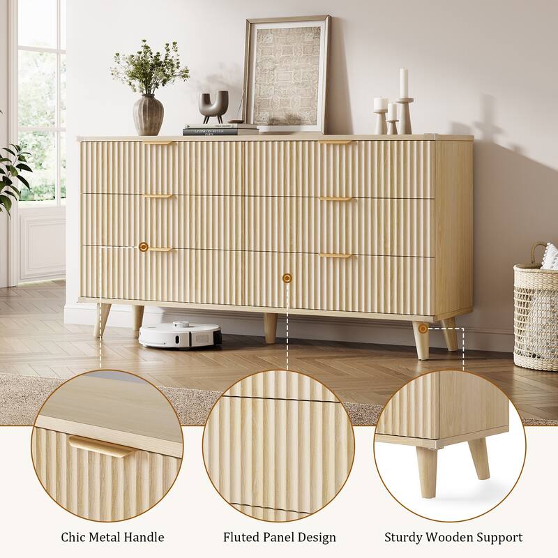 6 Drawer Dresser for Bedroom, 53" Wide Boho Fluted Dresser