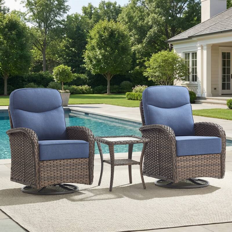 Pocassy Outdoor Wicker Patio Swivel Chair with Ottoman Sets - Brown Wicker Blue Cushion - 3-Piece Swivel Chair  with Side Table