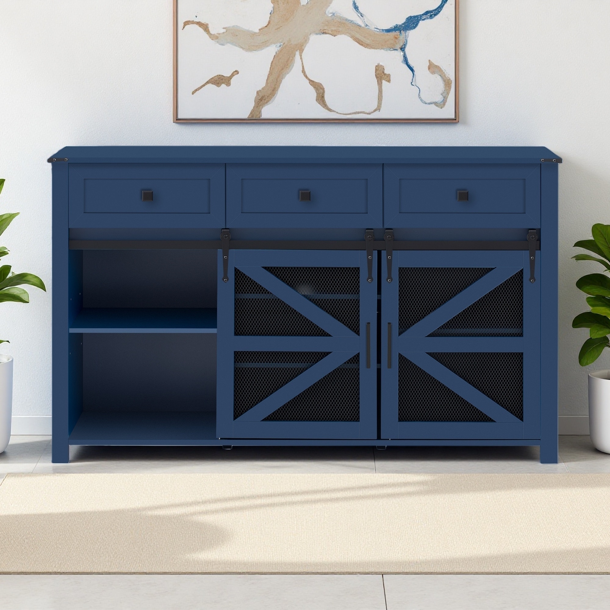 55" Particleboard Sideboard Cabinet with Sliding Barn Doors and 3 Drawers for Living Room, Dining Room, or Office
