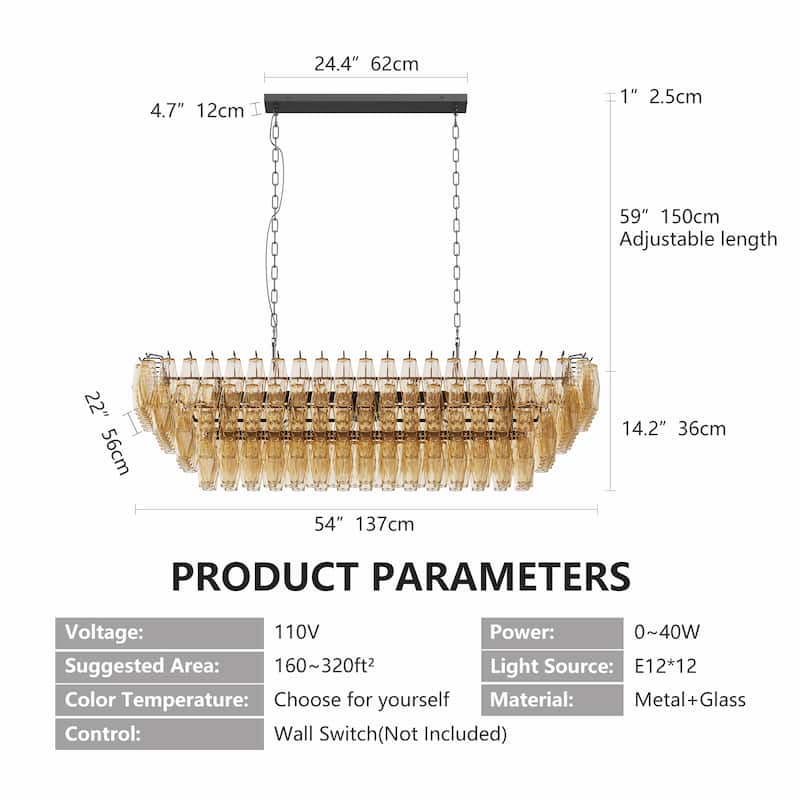 Anmytek 54" Black 12-Light Smoke Glass Chandelier Modern Farmhouse Lighting for Dining Room Kitchen Island