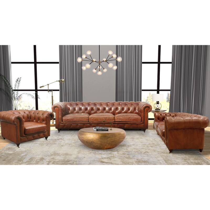 Pasargad Home Paris Club Chesterfield Tufted Sofa, Brown - 28.7'' H x 97.2'' W x 39'' D