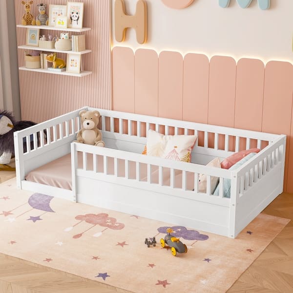 slide 2 of 27, Twin Floor Bed Frame with Fence, Wood Kids Floor Beds Frame for Bedroom Playroom White