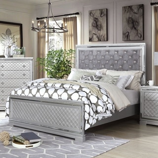 Seleena Glam Silver Fabric Upholstered Panel Bed with Button-Tufted by Furniture of America