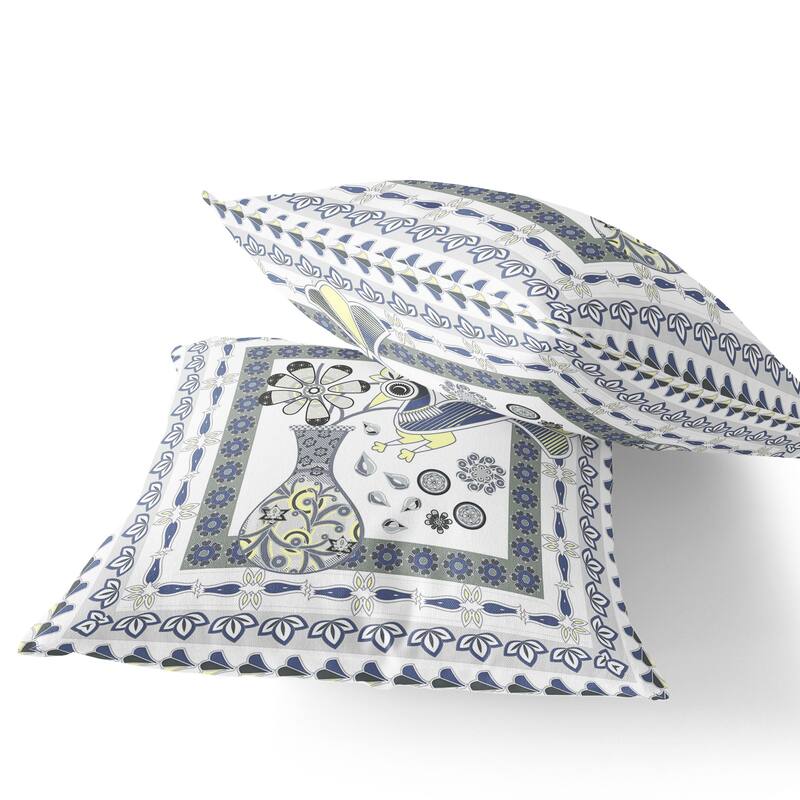 HomeRoots Set of Two 16" X 16" Gray and White Peacock Blown Seam Floral Indoor Outdoor Throw Pillow - 16.00' X '16.00' X '5.00