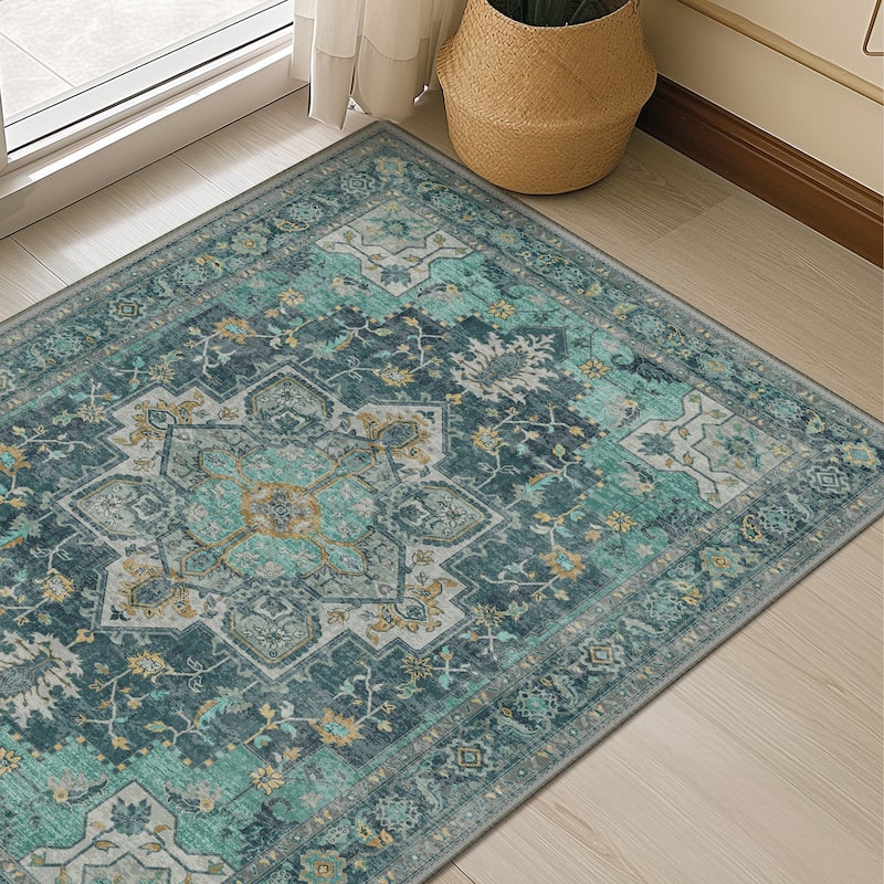 Mcow Green Floral Low Pile Machine Washable Non-Slip Area Rug