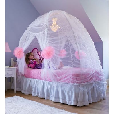 Hearthsong Fairy-Tale Bed Tent and Twin Bed Canopy With Light-Up Beaded Chandelier, 74"L x 38"W x 58"H