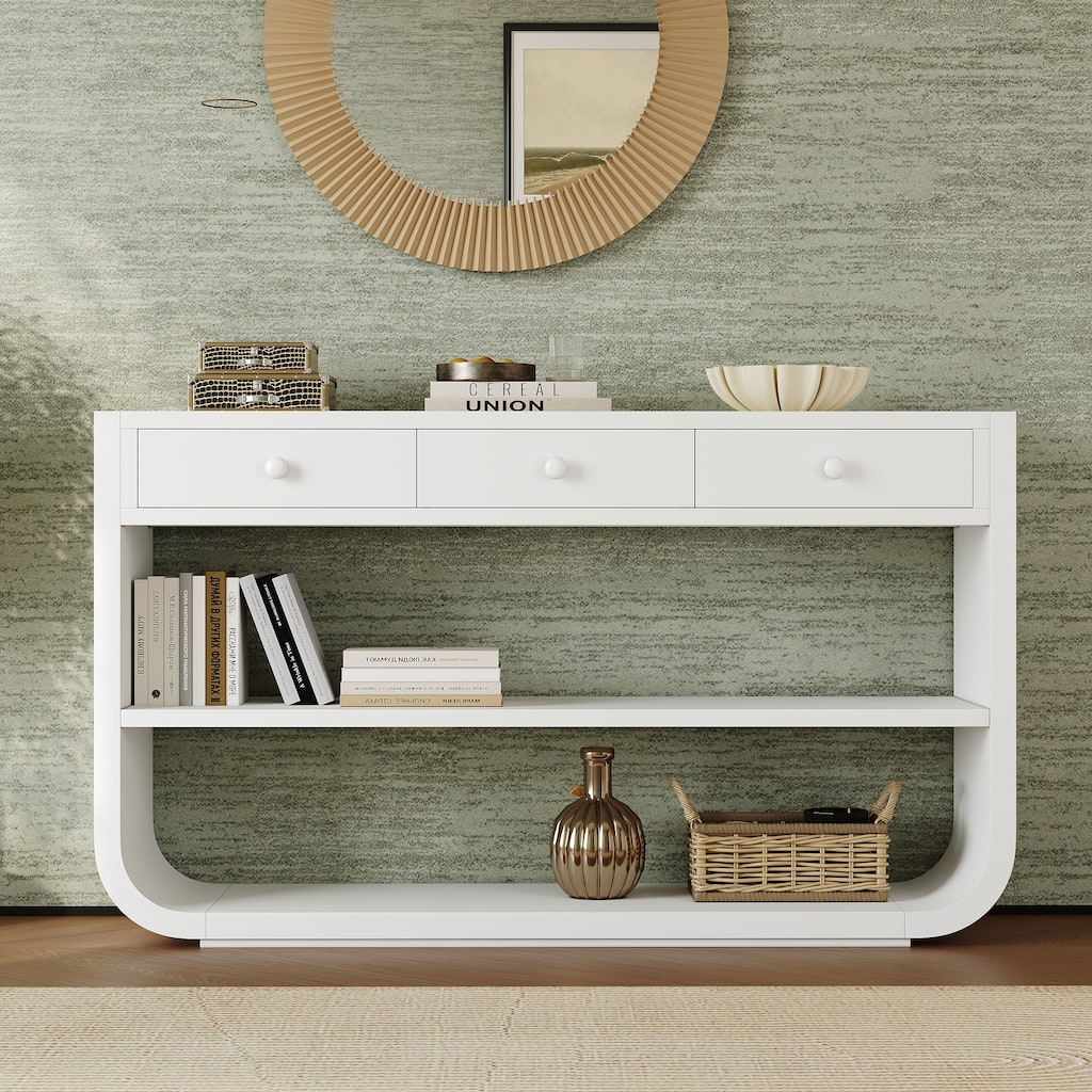 Christopher Knight Home - Modern Entryway Curved Console Table with Soft-Close Drawers & Open Shelves for Living Room, Hallway