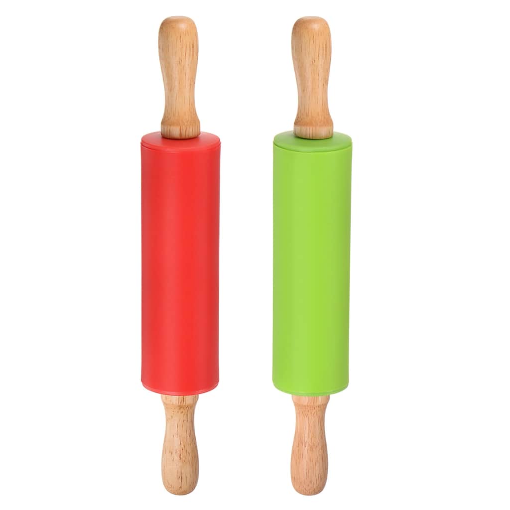 Silicone Rolling Pins for Baking Wood Handle 31cm x 4.2cm Red & Green - Red & Green