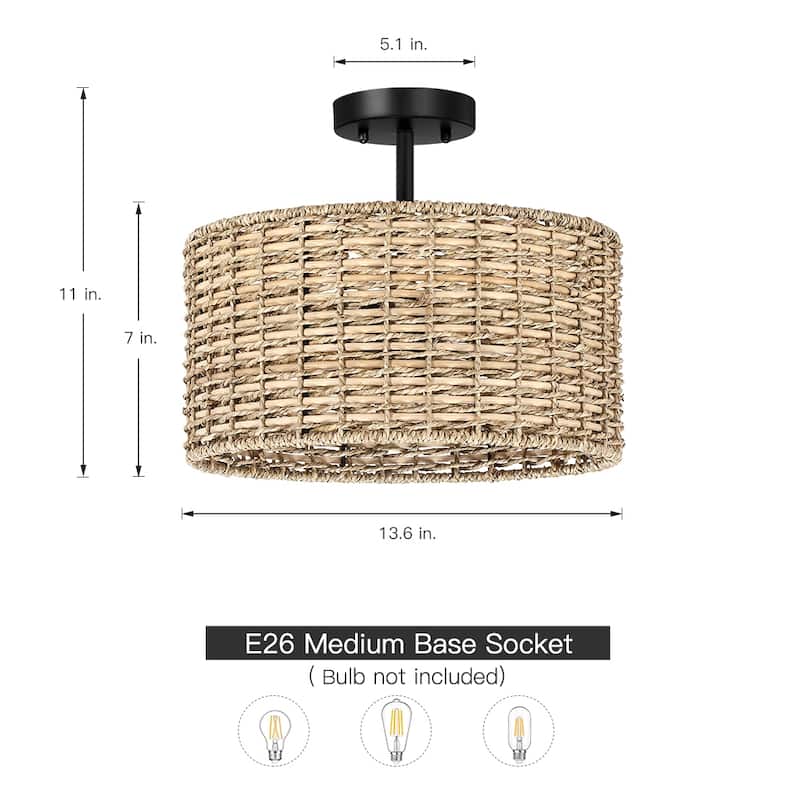 Lennie 13.6 in. 2-Light Natural Rattan Drum Semi-Flush Mount Ceiling Light - 13.6 in. W