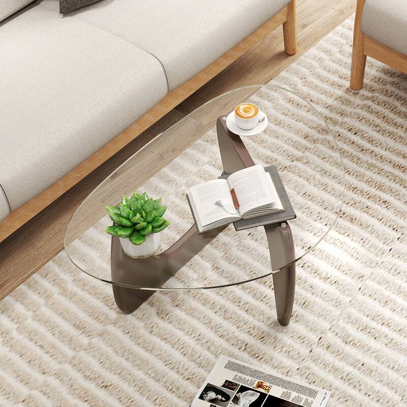 Gymax Triangle Coffee Table w/ Tempered Glass Top & Adjustable Rubber