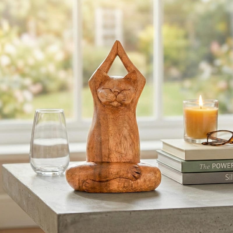 8" Wooden Handmade Hand Carved Yoga Lotus Pose Cat Sculpture Statue Home Decor - 8" tall x 4" wide x 3" deep