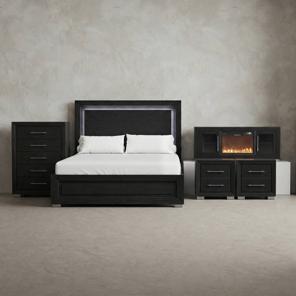Furniture of America Alaric Modern Black 5-Piece Queen Bedroom Set with 60-inch Fireplace TV Stand, Chest and 2 Nightstands