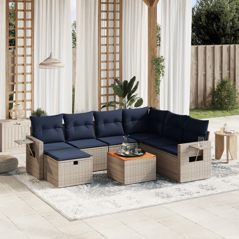 vidaXL Patio Sofa Set with Cushions Outdoor Furniture 8 Piece Poly Rattan - 24.4" x 24.4" x 27.2" - Gray and navy blue 3middle+3corner+footrest+table
