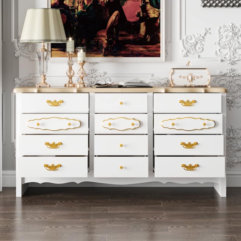 Luxury White and Gold 12-Drawer Dresser with Pine Wood Top Elegant Storage Cabinet for Bedroom or Living Room