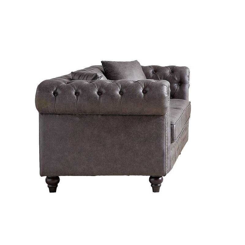85.5" 3 Seater Grey Fabric Chesterfield Sofa with Button Design and 2 Cushions