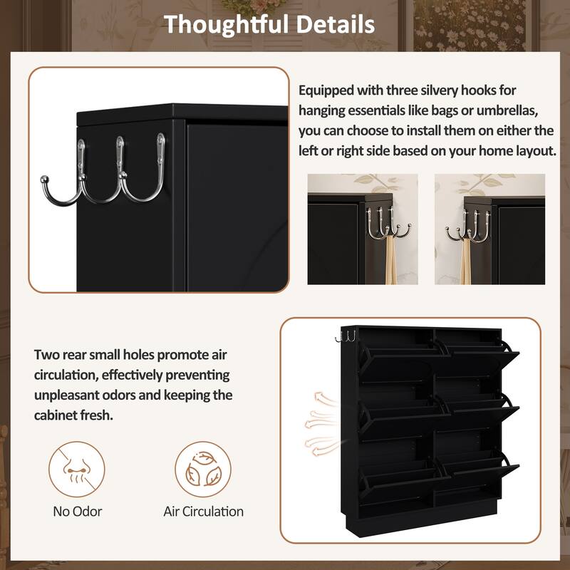 Narrow Flip Drawer Shoe Storage, Space Saving Entryway Organizer with Adjustable Shelf, Free-Standing Shoe Rack with 3 Hooks