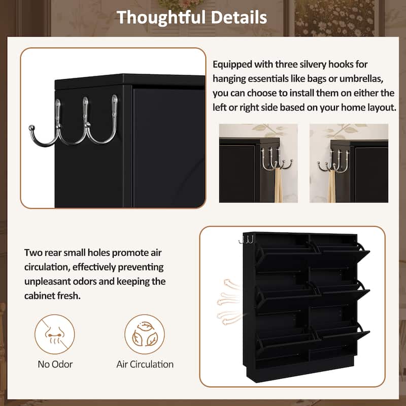 Narrow Shoe Cabinet with 6 Flip Drawers, Free-Standing Entryway Organizer, Shoe Rack with 3 Hooks & Adjustable Shelf