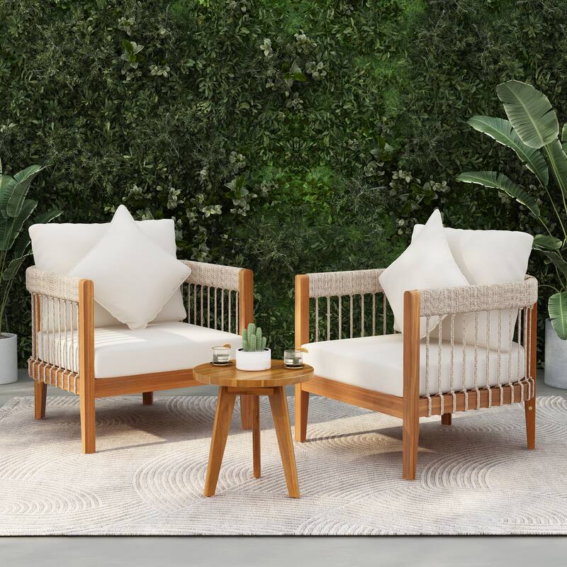 3 Pcs Set Acacia Wood Outdoor Club Chair with Handwoven Rope Accents & Curved Backrest - Water-Resistant Boho Patio Lounge Chair - Natural+Beige