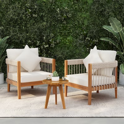 3 Pcs Set Acacia Wood Outdoor Club Chair with Handwoven Rope Accents & Curved Backrest - Water-Resistant Boho Patio Lounge Chair