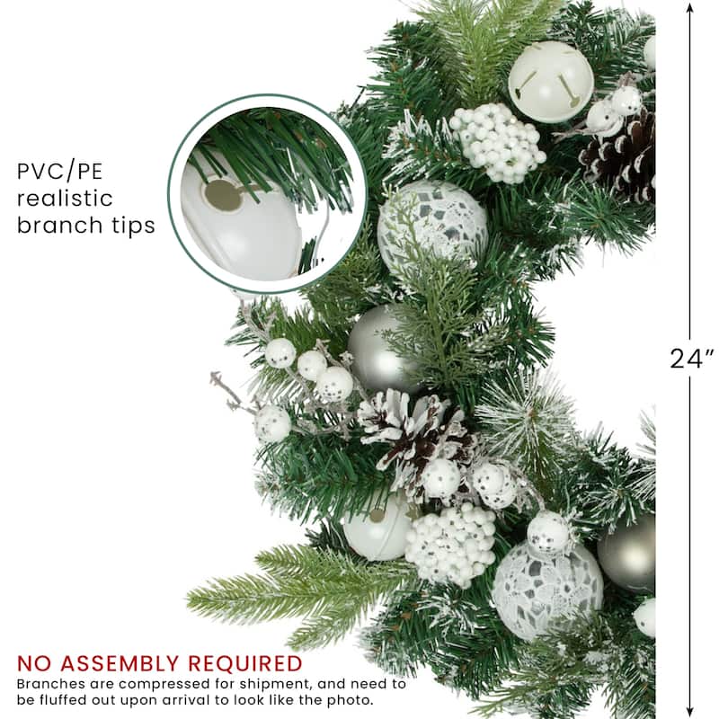Green Pine Frosted Artificial Christmas Wreath Laced Ornaments 24"