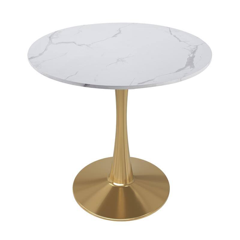 Bristol Minimalist Modern Round Dining Table with Solid Wood Top and Accent Gold Stainless Steel Base for Home or Kitchen - Marbled White - 40 Inches