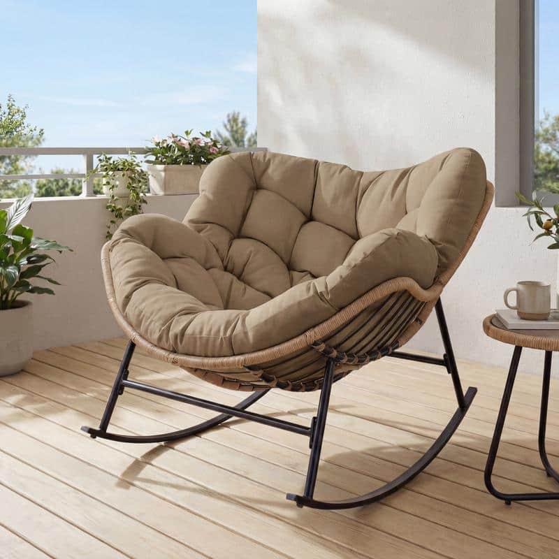 Oversized Indoor Outdoor Royal Papasan Rocking Chair, Patio Egg Rocker with Cushions, 450 lb Capacity - 1 PC-Brown