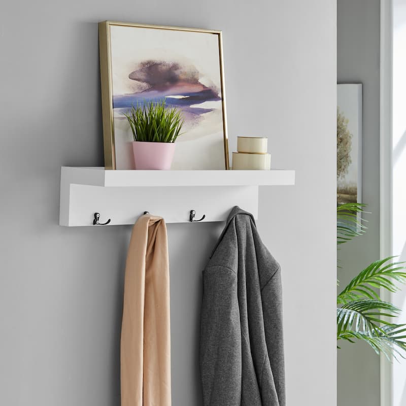 Danya B. Entryway Wall Coat Rack with Decorative Ledge Shelf and Hooks - White
