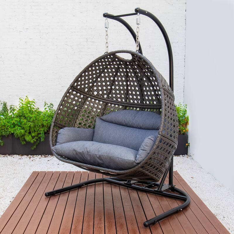 Charcoal Wicker Hanging Double-Seat Swing Chair with Stand with Cushion