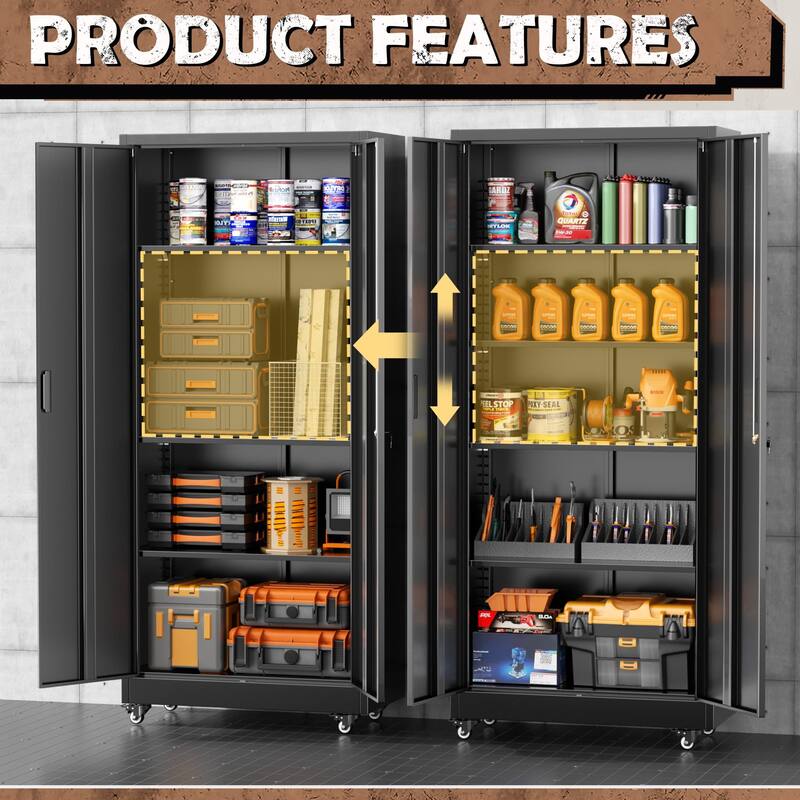 Tall Garage Storage Rolling Tool Cabinet with Locking Doors and Adjustable Shelves for Garage, Home Office, School