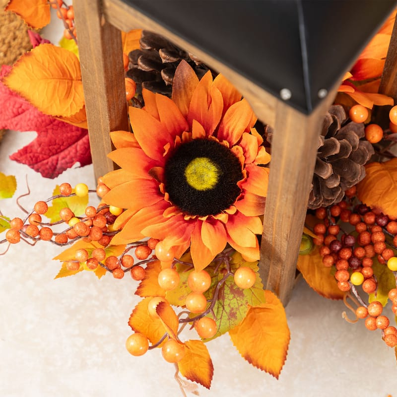 Glitzhome 20"H Fall Pumpkin Sunflower Pine Cone Wooden Hanging Lantern Table Centerpiece