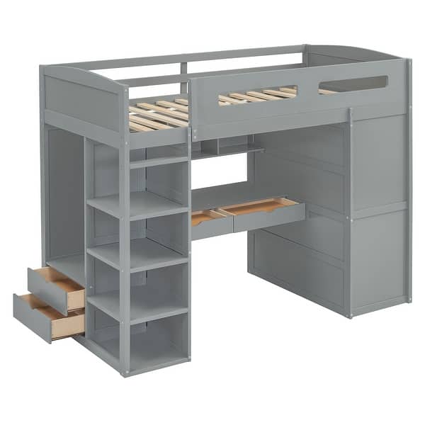 slide 2 of 20, Twin Size Loft Bed with Desk, Wardrobes, 4 Drawers and 4 Shelves, Grey Grey - Twin