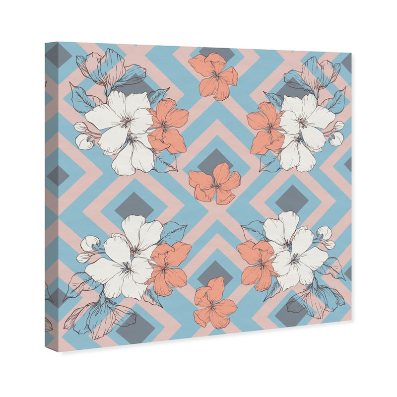 Wynwood Studio Canvas Floral and Botanical Chevron Flowers Blue and Light Blue Wall Art Canvas Print