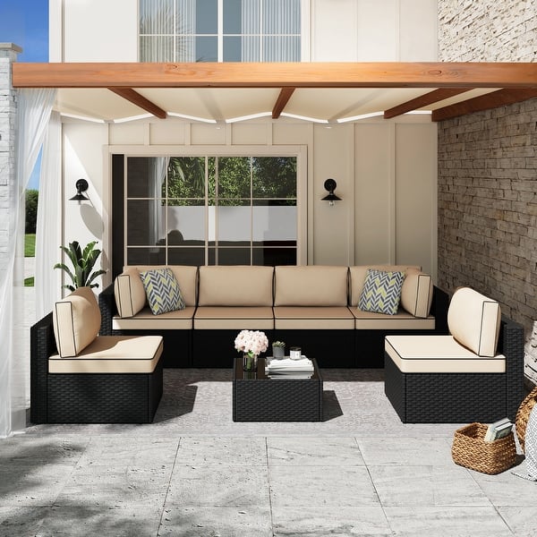 7-Piece Outdoor Sectional Seating Group with Cushions - Khaki/Black