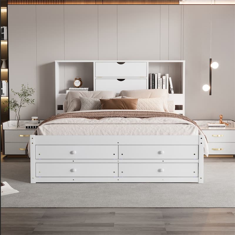 Queen Size Platform Bed with Storage Headboard and 8 Drawers - White
