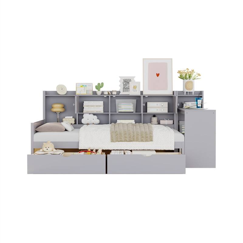 Wooden Daybed with 2 Storage Drawers and Study Desk, Twin/Full Size Daybed Frame Sofa Bed with Storage Shelves and Cabinets
