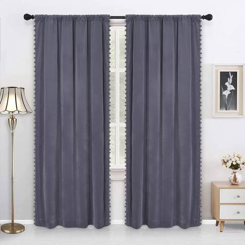 Velvet Curtains Soft and Smooth Luxury Pompoms Velvet Curtains Room Darkening Heat Blocking Boho Tasseled Curtain Panels