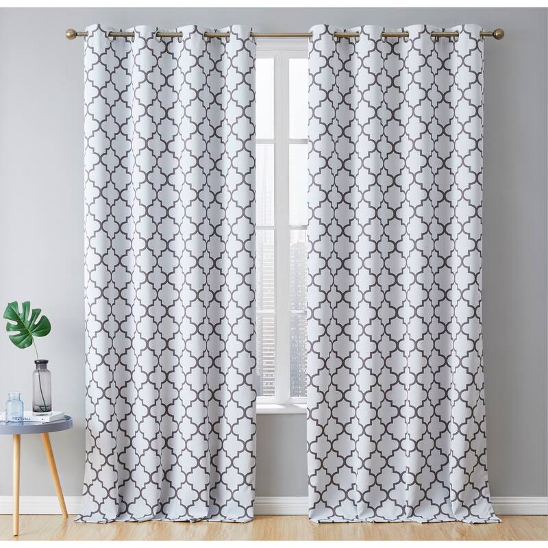 HLC.me Lattice Geometric Blackout Thermal Privacy Room Darkening Grommet Window Drapes Curtain Panels - Set of 2 - 52 W x 96 L per panel - Pair - Platinum White & Grey