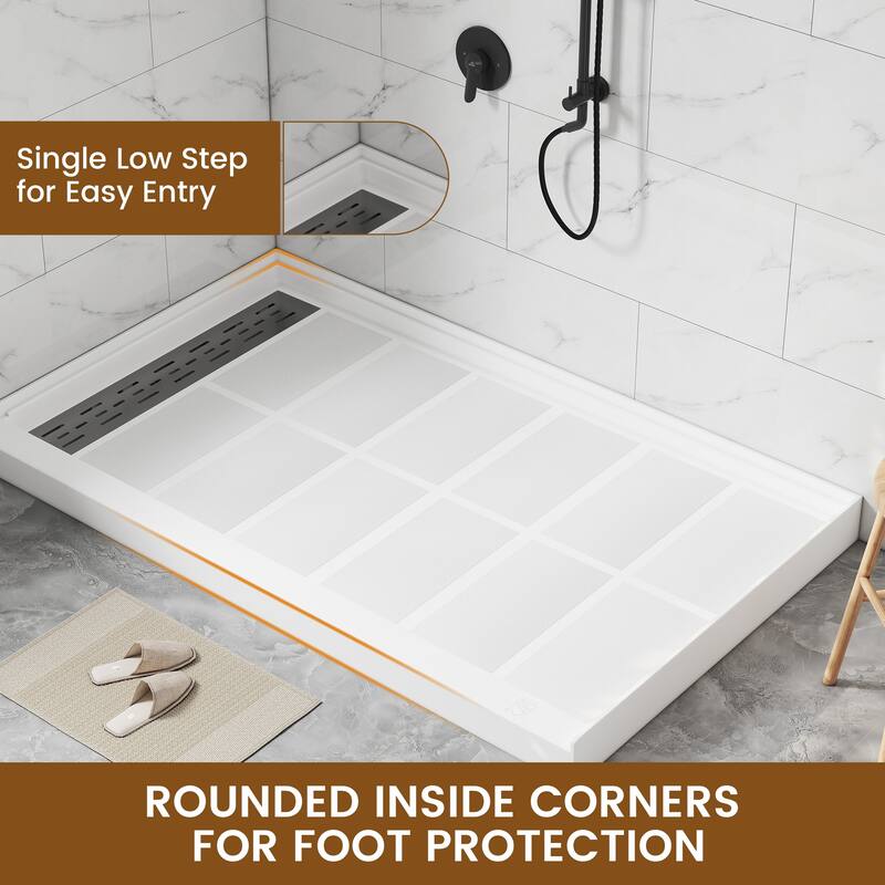 60 in. x 36 in. Elegant White Single Threshold Anti-slip SMC Rectangular Shower Base with Drain and Stainless Steel Drain Cover